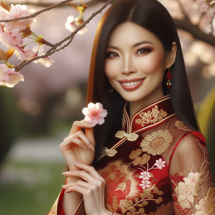 Radiant Asian Woman in Red and Gold Dress