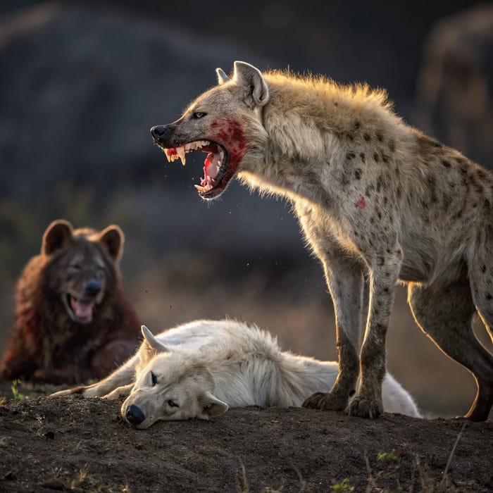 Hyena Laughs Over Bloodied Arctic Wolf Kill Hyena Laughs Over Bloodied Arctic Wolf Kill