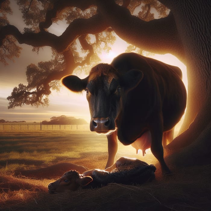 Primal Scene: Cow Giving Birth in Pastoral Setting