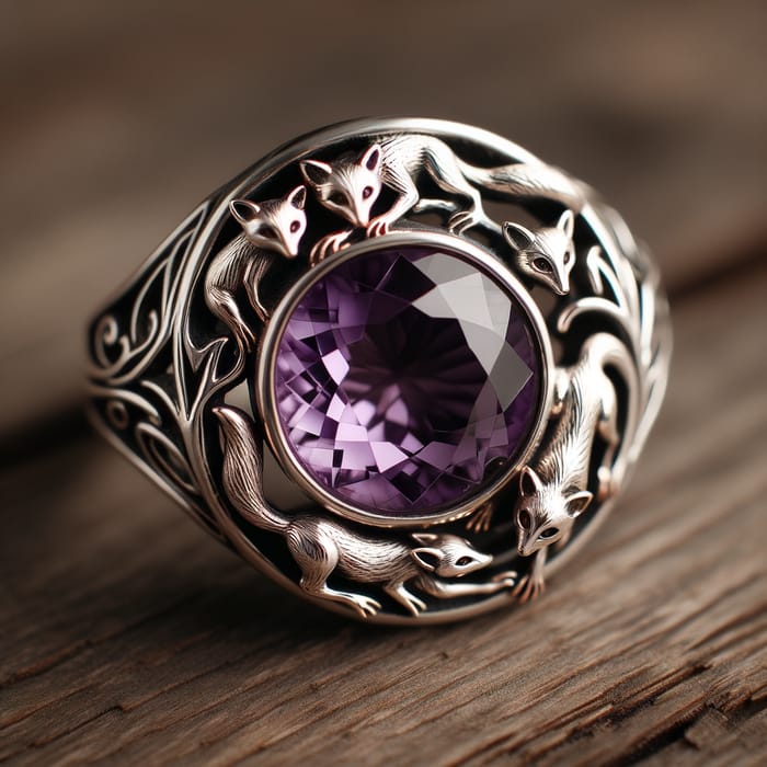 Silver Ring with Round Amethyst and Four Sneaking Foxes Silver Ring with Round Amethyst and Four Sneaking Foxes