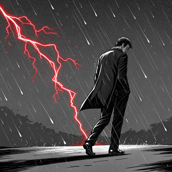 Manga Art: Man in Black Suit with Thunder Storm