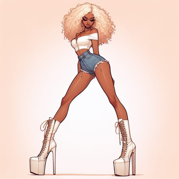 Tall Girl with Blonde Afro in Jean Shorts and White Lace-Up Boots