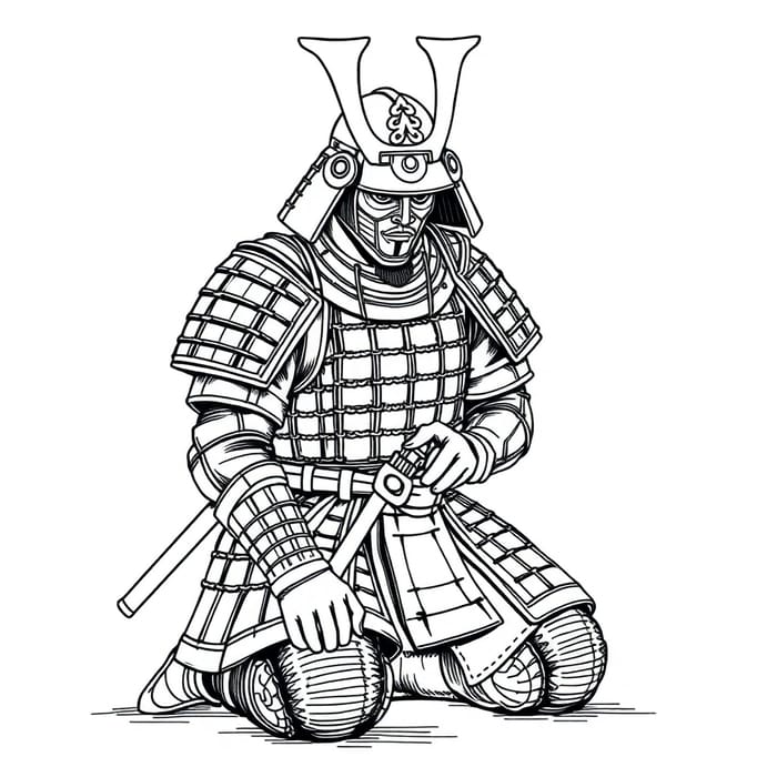 Samurai Line Drawing: Armoured Warrior Praying