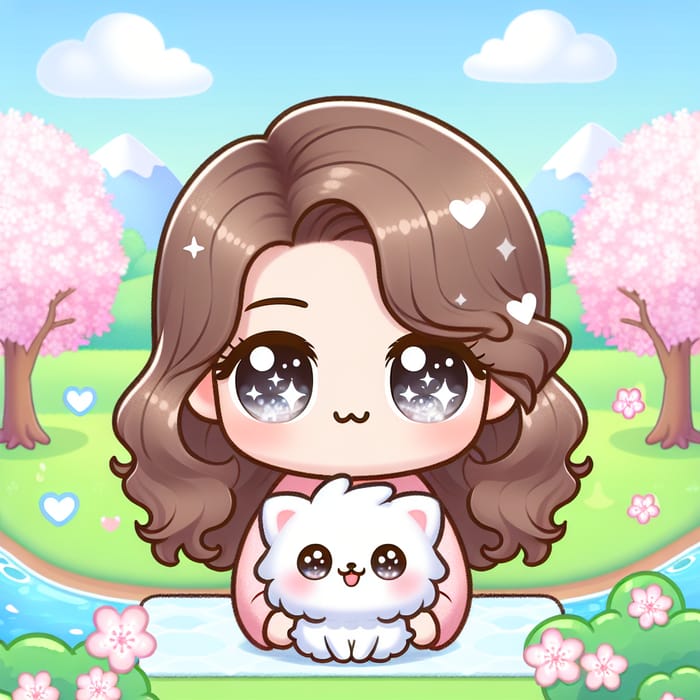 Charming Aime Kawai Character with Twinkling Eyes & Wavy Hair