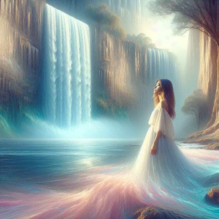 Enchanting Beauty: European Girl in White Dress at Majestic Waterfall