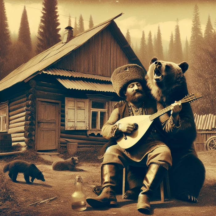 Russian Man Embracing Bear with Balalaika in Vintage Forest Scene