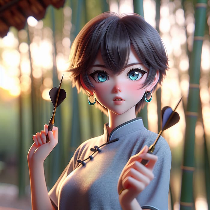 Anime Chinese Teenage Girl with Sapphire Eyes in Bamboo Forest