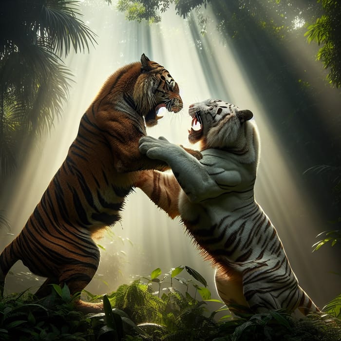 White Tiger vs Brown Tiger Brawl - Jungle Showdown