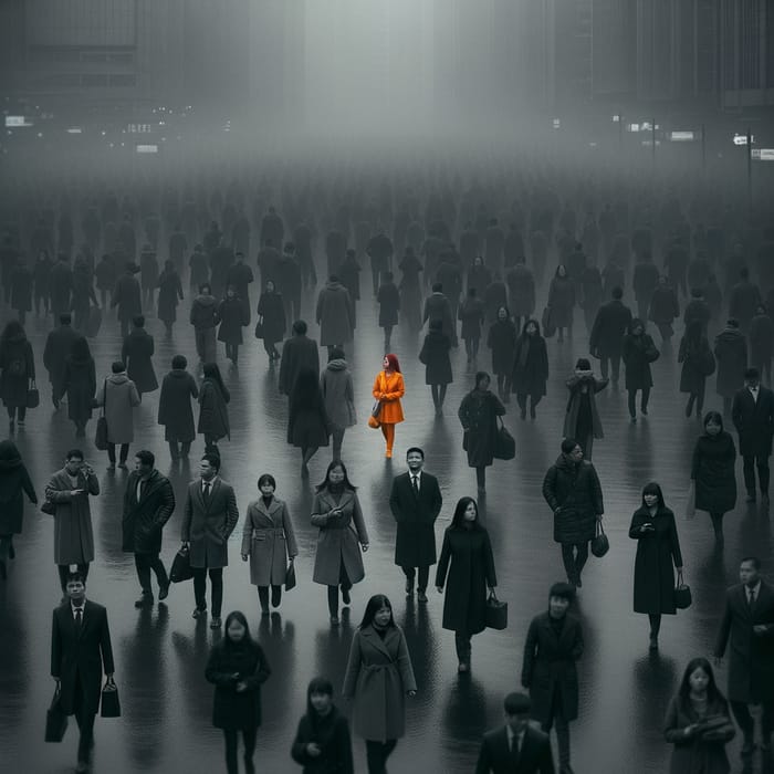 Gloomy City Street with Standout Orange Stylist | Urban Scene