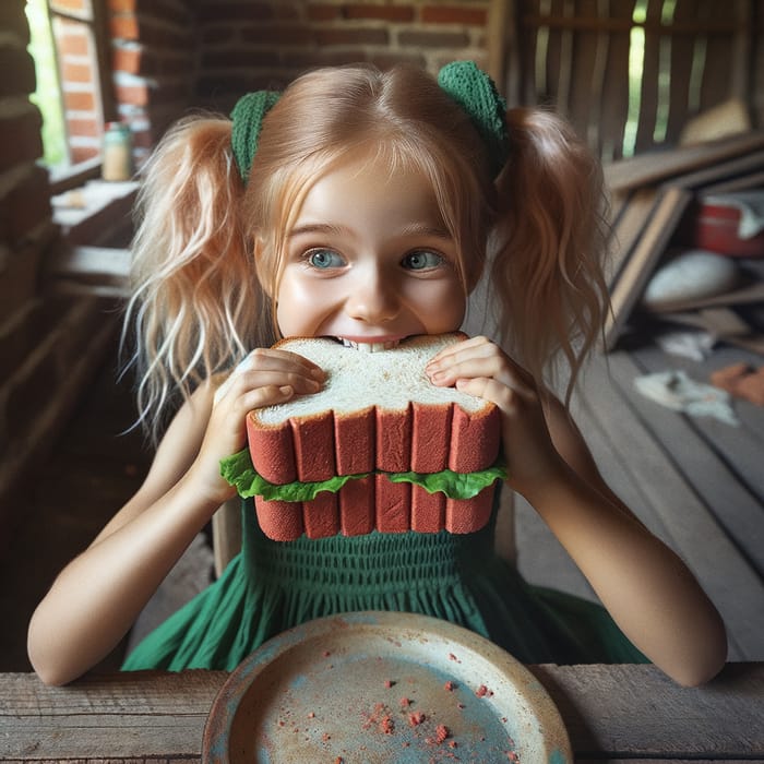 Girl Enjoying Unique Red Brick Bread Sandwich