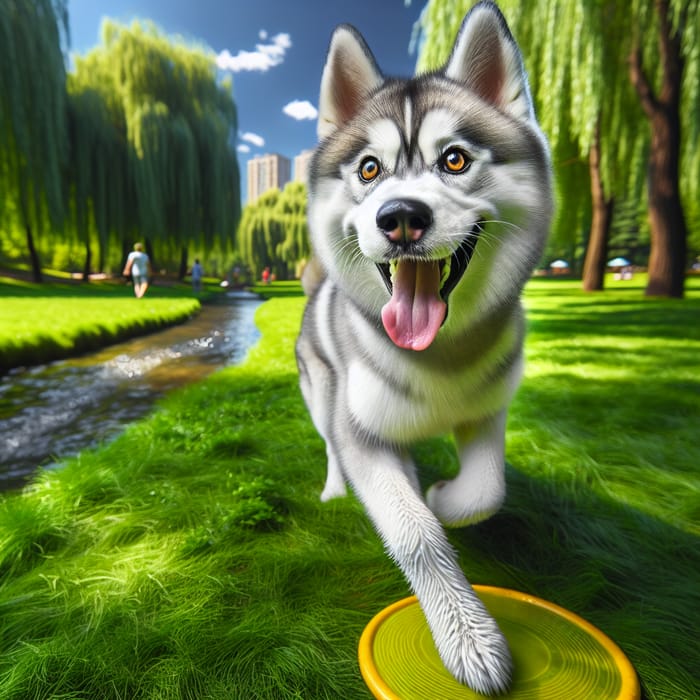 Playful Husky Dog Chasing a Frisbee in the Park