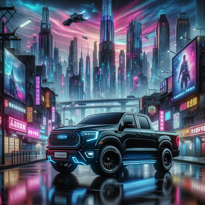 Black Tinted Pickup Truck in Cyberpunk Cityscape