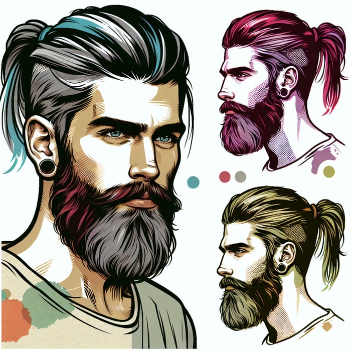 Stylish Caucasian Man with Trendy Beard and Ponytail