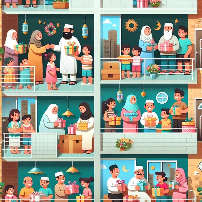 Happy Families Celebrate Eid al-Fitr in Apartment Building