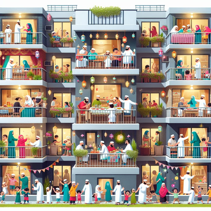 Jovial Families Celebrating Eid al-Fitr in Apartment Building