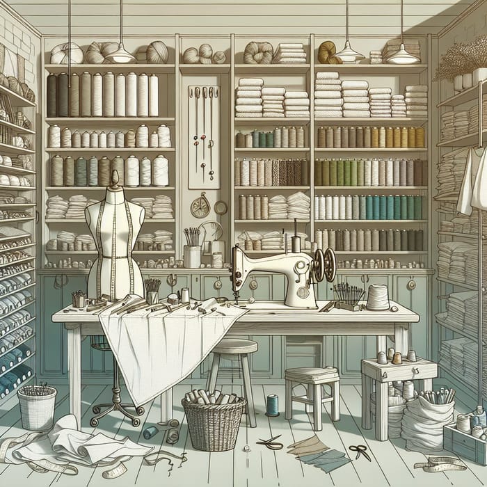 Tailor Shop Environment Line Art | Textiles, Tools & Mannequin