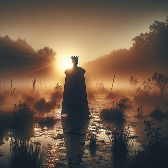 Medieval King Silhouette at Dawn in Swamp - Mystical Royalty in Misty Moor