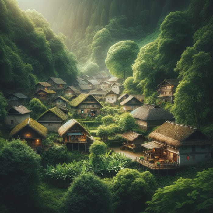 Peaceful Village Amidst Thatched-Roof Houses and Lush Greens