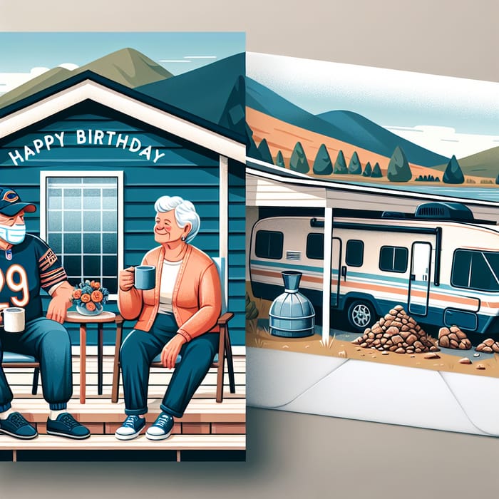 Elderly Couple Birthday Card Design: Chicago Bears Tea Party Scene