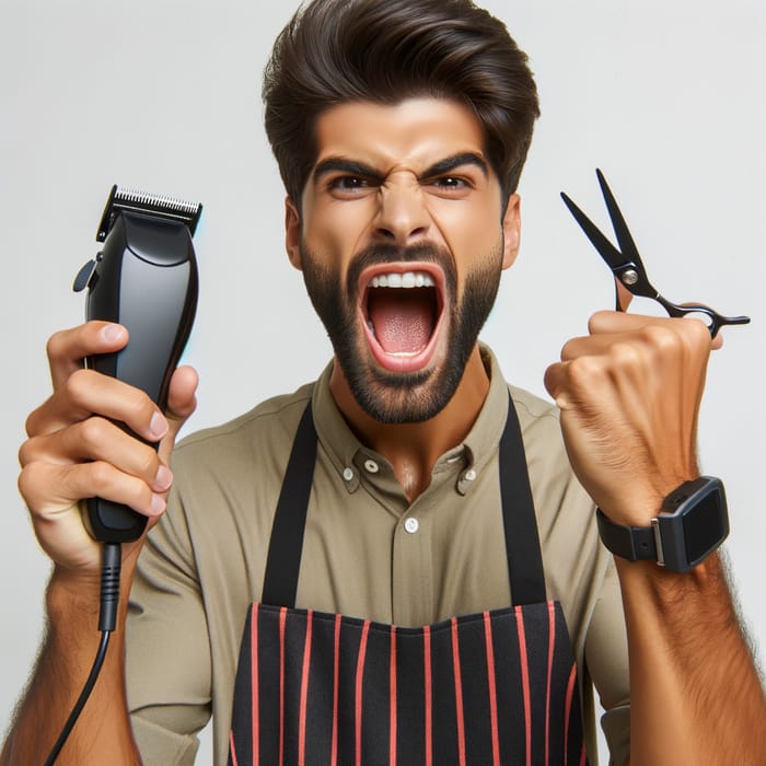 Hispanic Barber Exclaiming with Hair Clippers on White Background