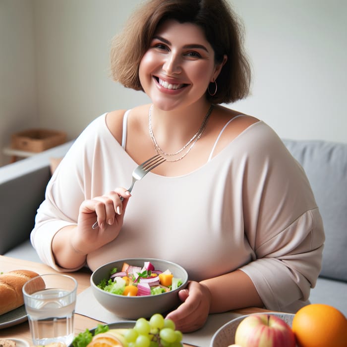 Happy Woman Enjoying Healthy Meal at Table