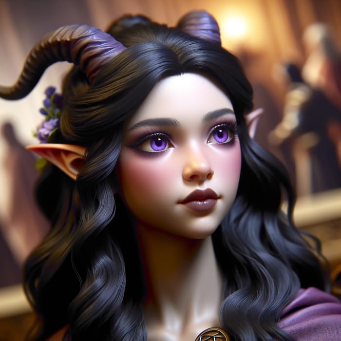 Enchantress Tiefling with Dark Purple Hair & Horns