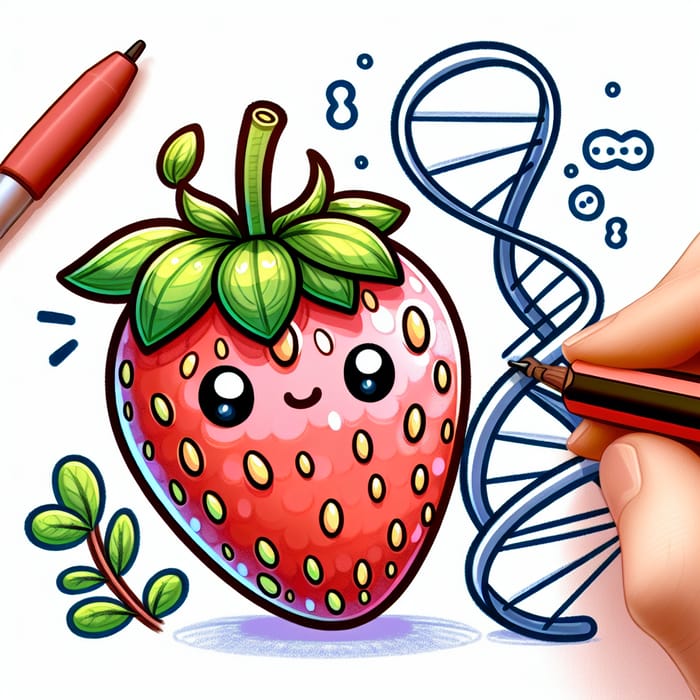 Adorable DNA Strawberry surrounded by DNA Double Helix, Educational Illustration