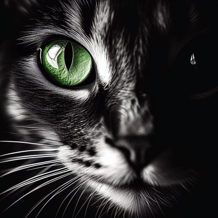 Mischievous Cat with Green Eyes | Black & White Photo