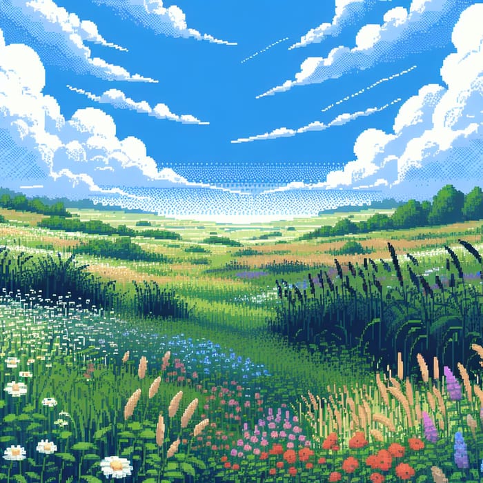 Pixel Art Grass and Flowers - 4K Grassland & Blue Sky