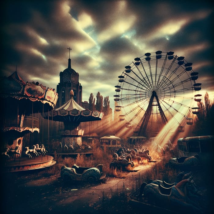 Vintage Surrealist Carnival: Decaying Rides at Dusk