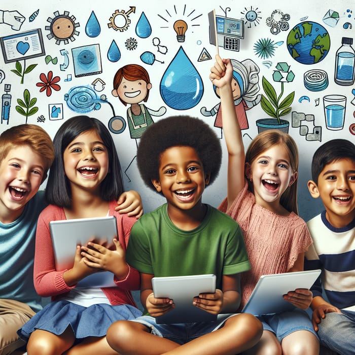 Happy Kids Saving Water with Technology | Culturally Diverse Group