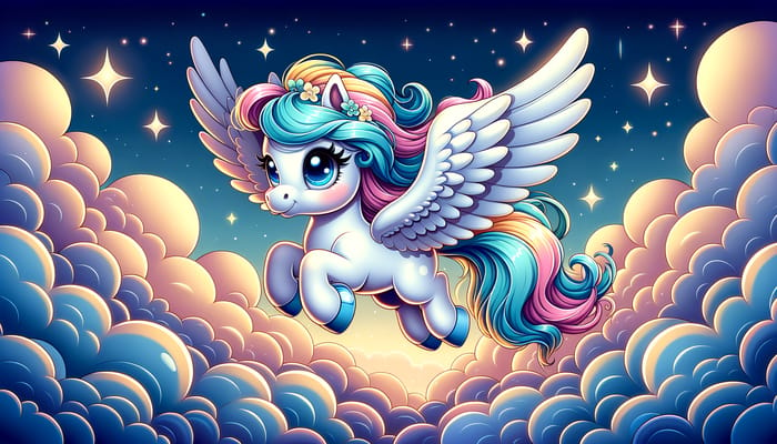 Whimsical Pegasus Soaring Through Clouds