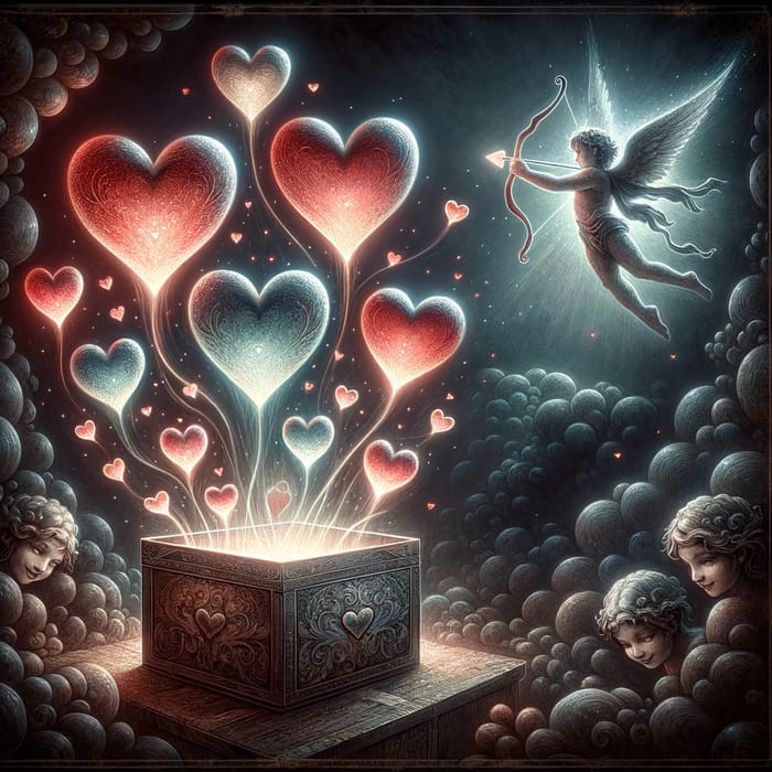 Radiant Cupid: Dark Love with Ethereal Hearts for Lovers