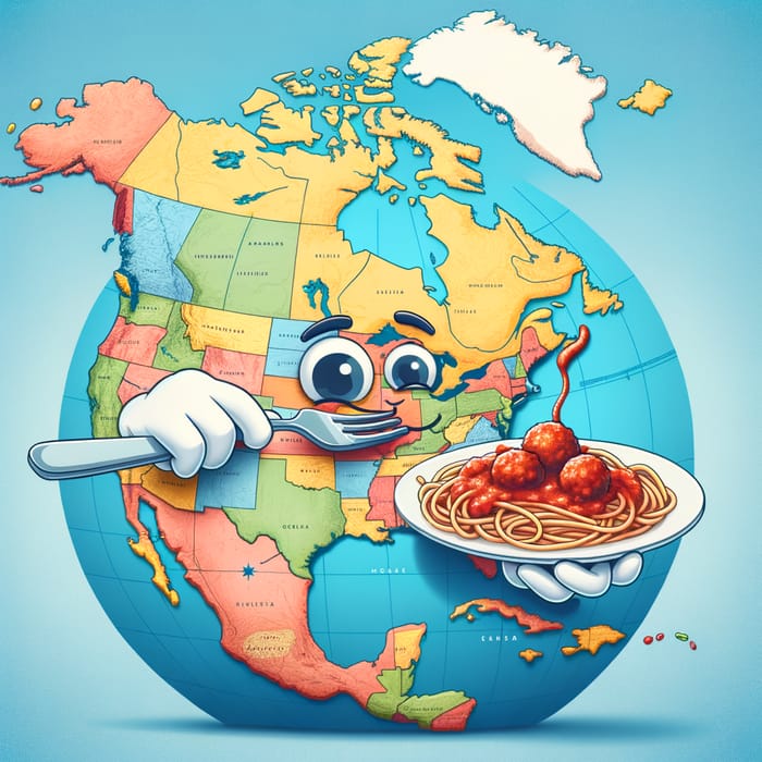 Funny Cartoon Map Enjoying Spaghetti Meal