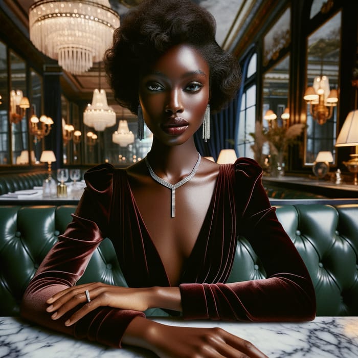 Luxurious Art Deco Dining Room with Young African Woman in Red Gucci Dress