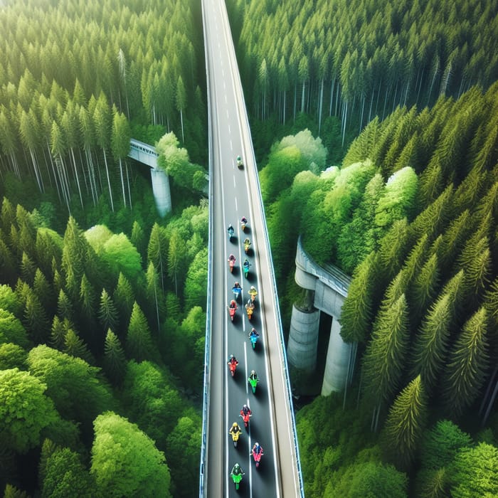 Aerial View: Vibrant Bikers over Lush Forest