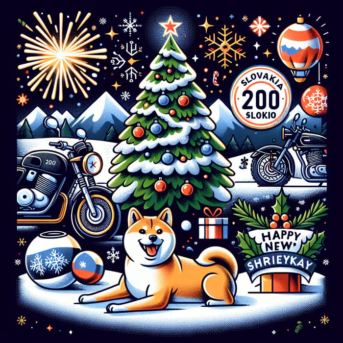 Slovakia Motorcycle Rental Company New Year's Greeting Card with Shiba Inu