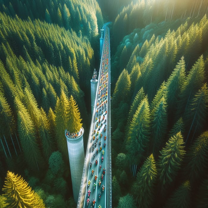 Aerial View: Vibrant Forest & Motorcyclists on Bridge