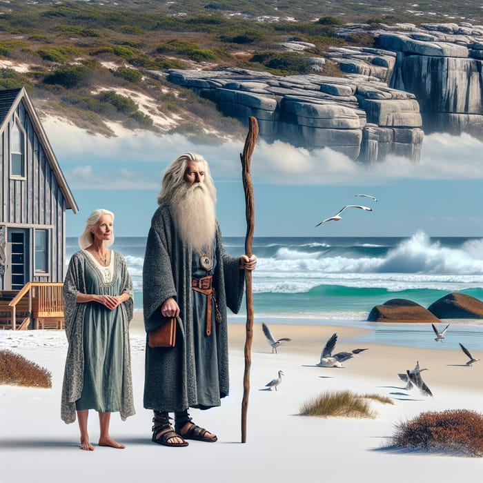 Beach House with Blond Woman and Gandalf on Seaside