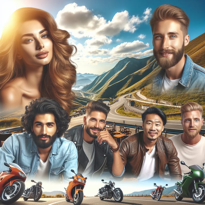 Diverse Folks Enjoying Sunny European Bar Scene with Motorcycles Nearby