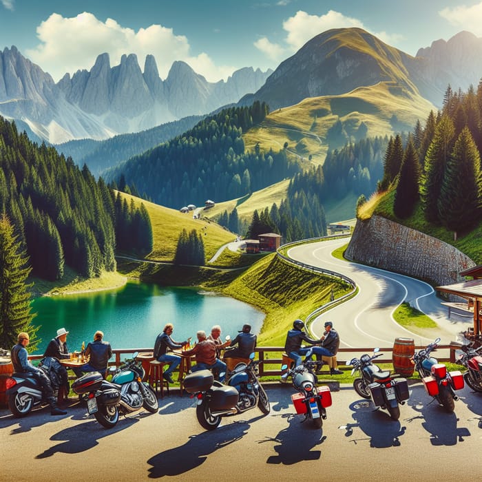 Motorcycle Enthusiasts Relaxing in Picturesque European Landscape