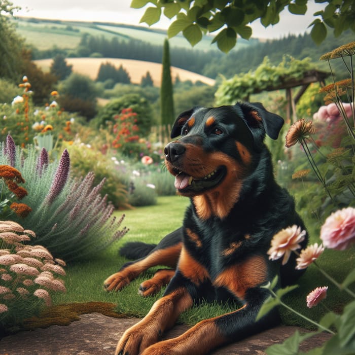 Beauceron Dog Relaxing in Landscape of Greenery and Flowers