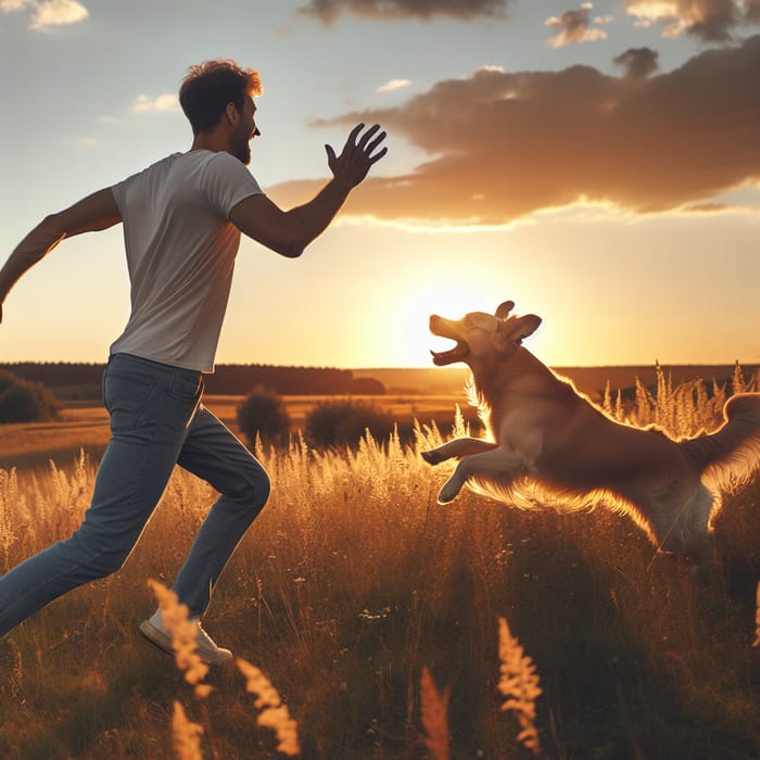 Man Calls Golden Retriever in Open Field: Serene Reunion at Sunset