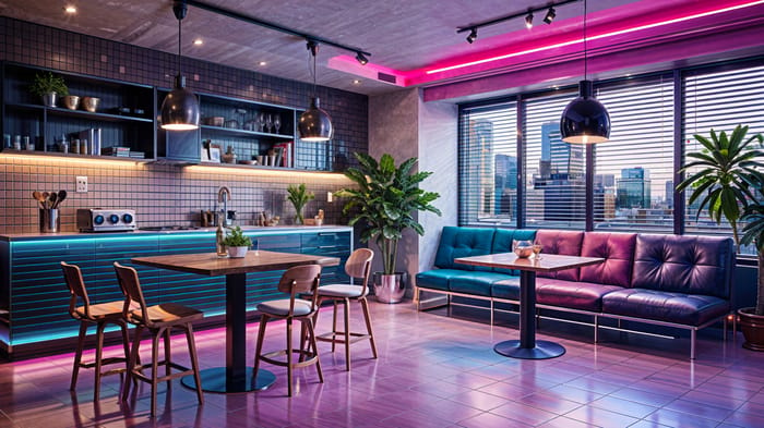 Retrowave Coffee Shop: Interior Design & Seating