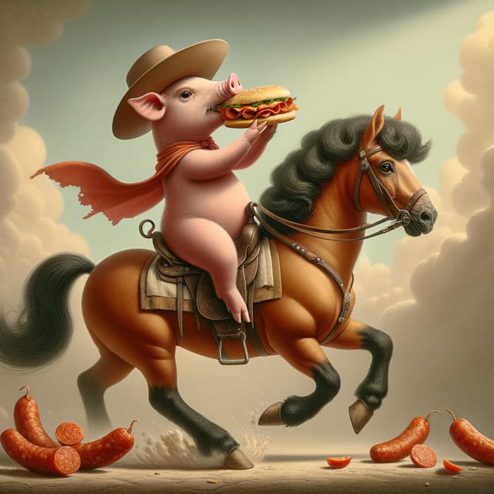 Pig Riding Horse While Eating Chorizo Sandwich