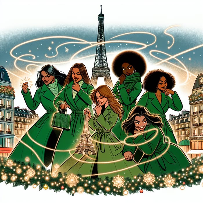 5 Women in Green Coats Steal Eiffel Tower at Christmas