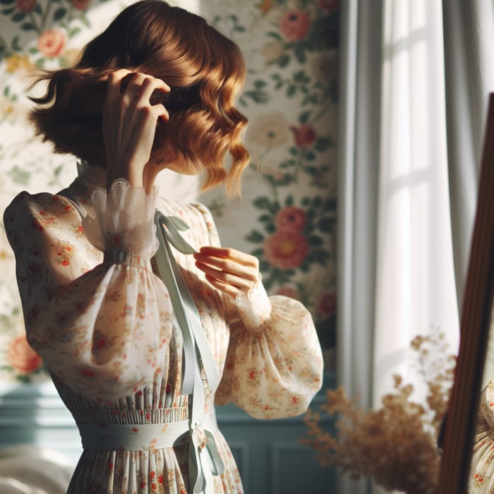 Vintage Woman Styling Hair in Elegant Setting