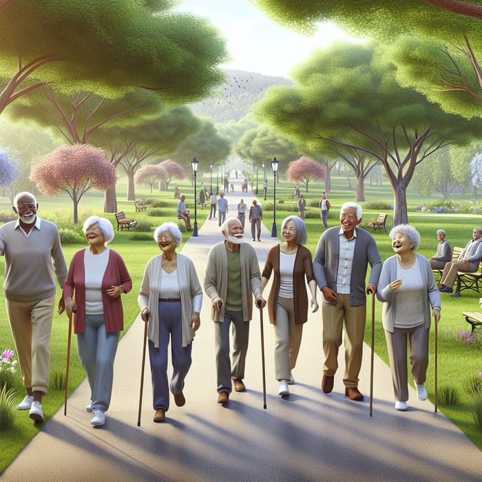 Healthy Multicultural Elderly Group Walking in Serene Park