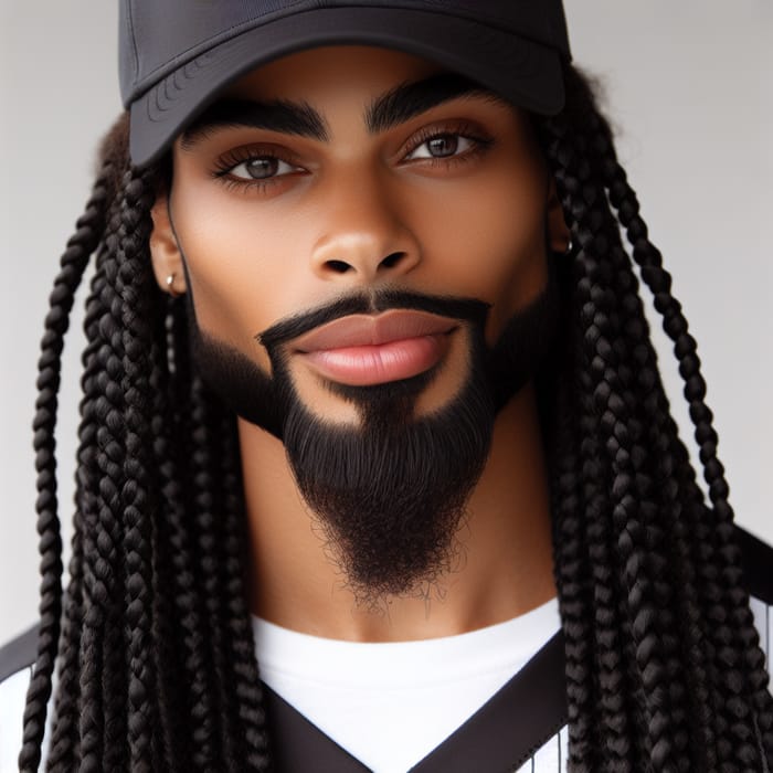 Stylish Long Black Braids with Goatee & Jersey Hat