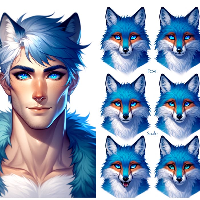 Male Fox Demi-Human with Vibrant Blue Fur and Eyes